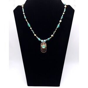 Aqua Beaded Necklace Gold Sunburst Pendant Celestial Statement